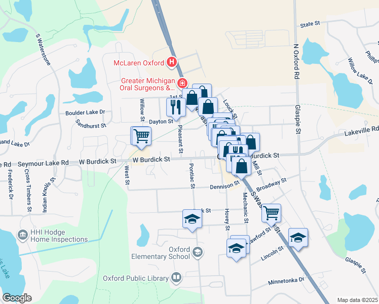 map of restaurants, bars, coffee shops, grocery stores, and more near 39 West Burdick Street in Oakland County