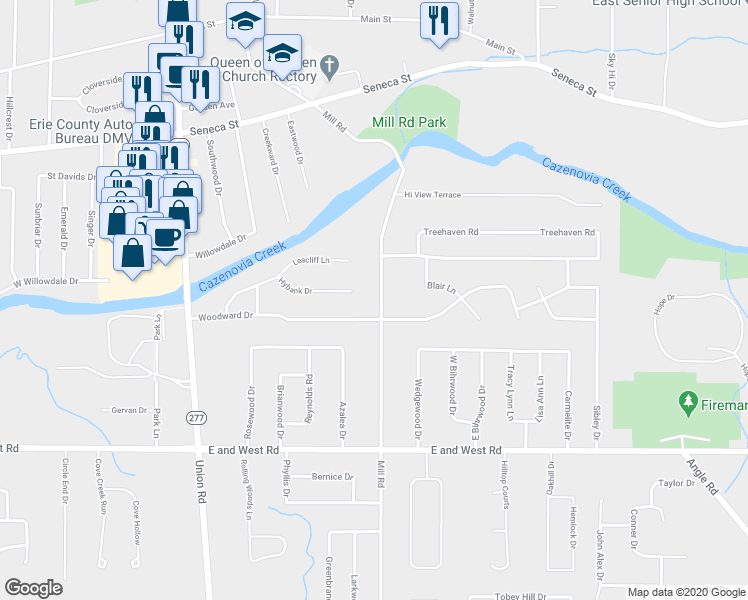 map of restaurants, bars, coffee shops, grocery stores, and more near 500 Mill Road in Buffalo
