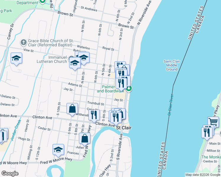 map of restaurants, bars, coffee shops, grocery stores, and more near 300 Adams Street in Saint Clair