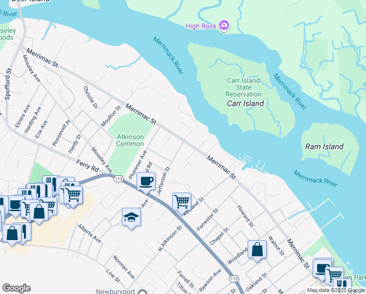 map of restaurants, bars, coffee shops, grocery stores, and more near 23 Jefferson Street in Newburyport