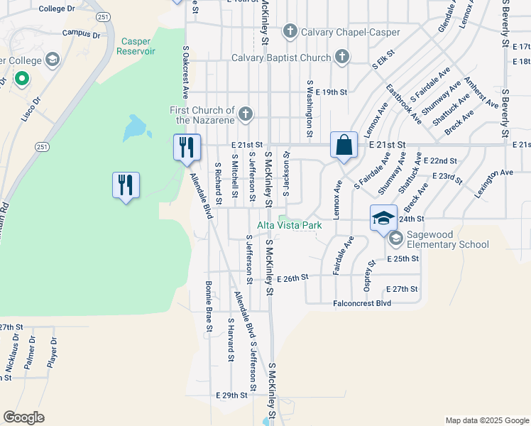 map of restaurants, bars, coffee shops, grocery stores, and more near 961 East 23rd Street in Casper