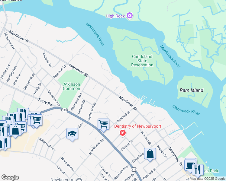 map of restaurants, bars, coffee shops, grocery stores, and more near 400 Merrimac Street in Newburyport