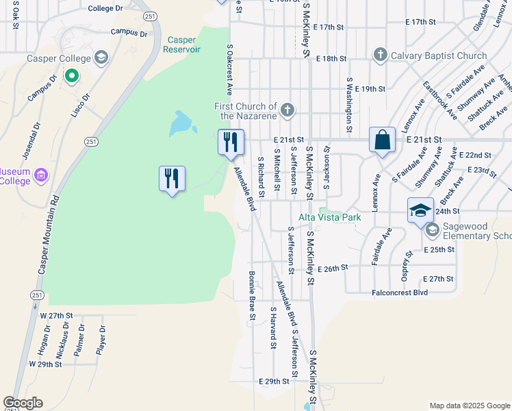map of restaurants, bars, coffee shops, grocery stores, and more near 2305 Allendale Boulevard in Casper
