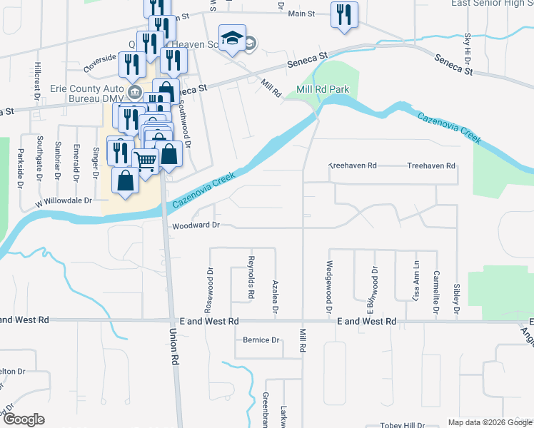 map of restaurants, bars, coffee shops, grocery stores, and more near 147 Hybank Drive in Buffalo
