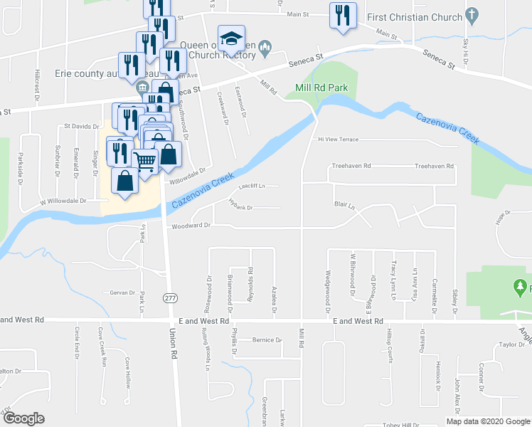 map of restaurants, bars, coffee shops, grocery stores, and more near 147 Hybank Drive in Buffalo