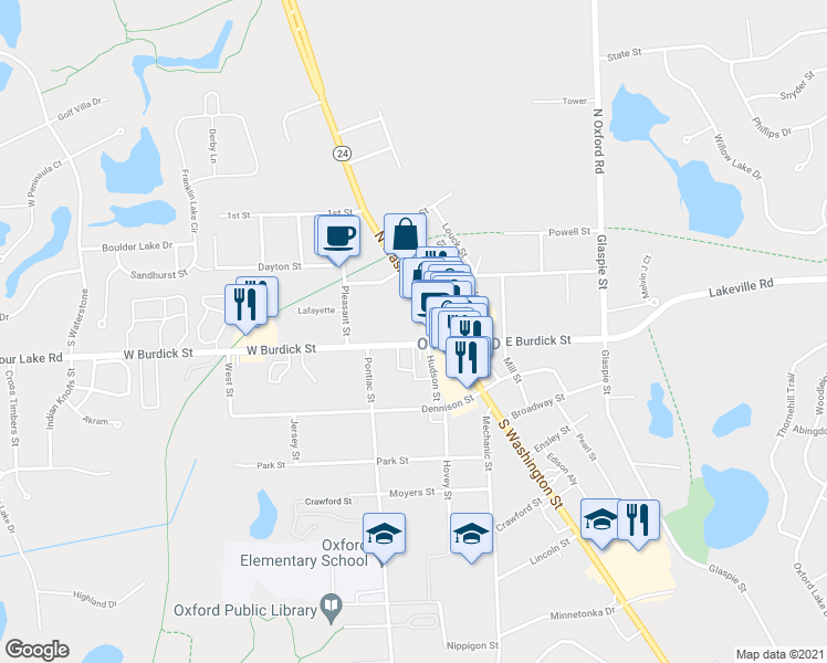 map of restaurants, bars, coffee shops, grocery stores, and more near 19 West Burdick Street in Oakland County