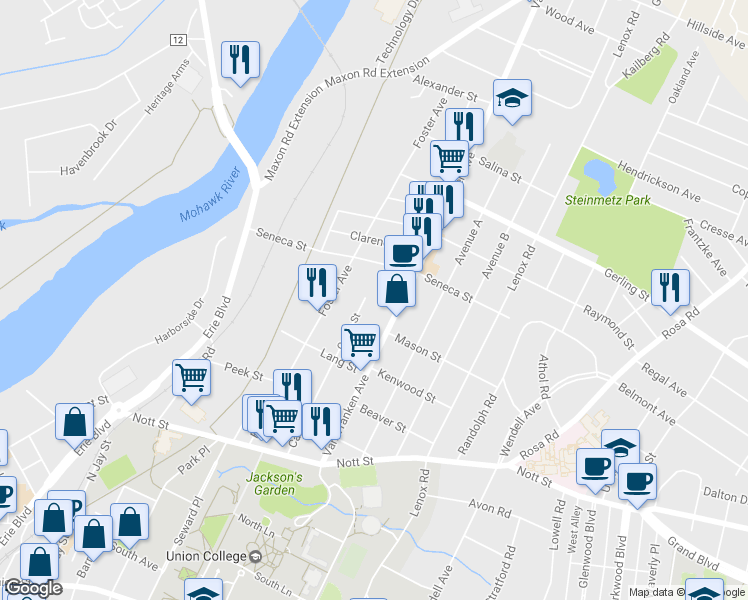 map of restaurants, bars, coffee shops, grocery stores, and more near 1764 Carrie Street in Schenectady