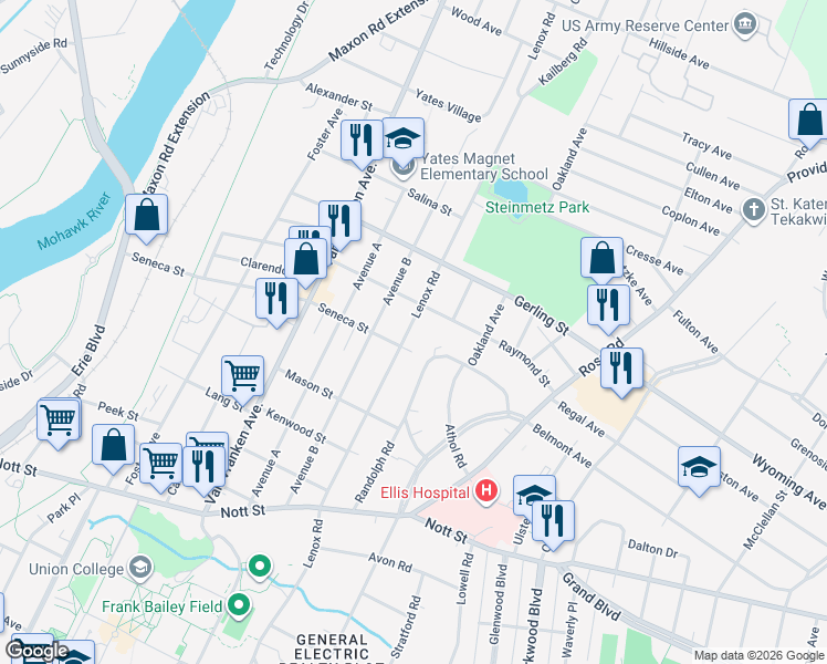 map of restaurants, bars, coffee shops, grocery stores, and more near 1818 Lenox Road in Schenectady