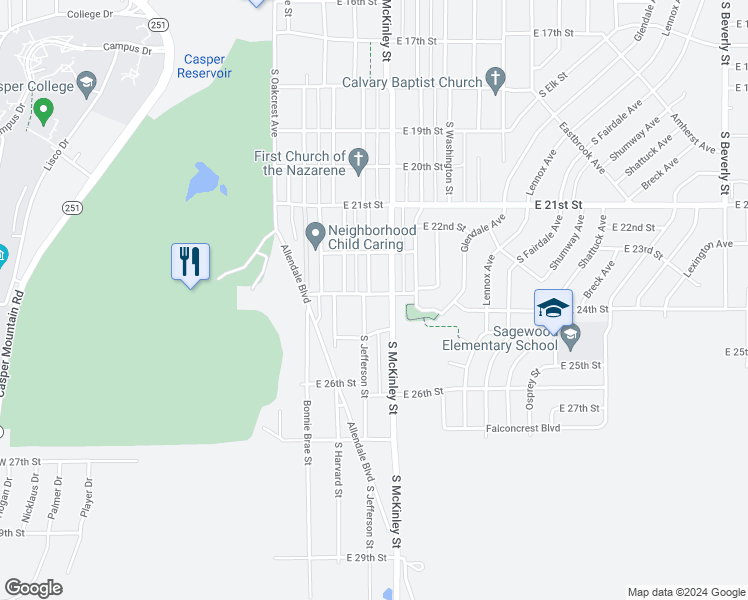 map of restaurants, bars, coffee shops, grocery stores, and more near 961 East 23rd Street in Casper