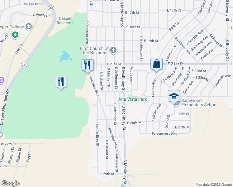 map of restaurants, bars, coffee shops, grocery stores, and more near 961 East 23rd Street in Casper