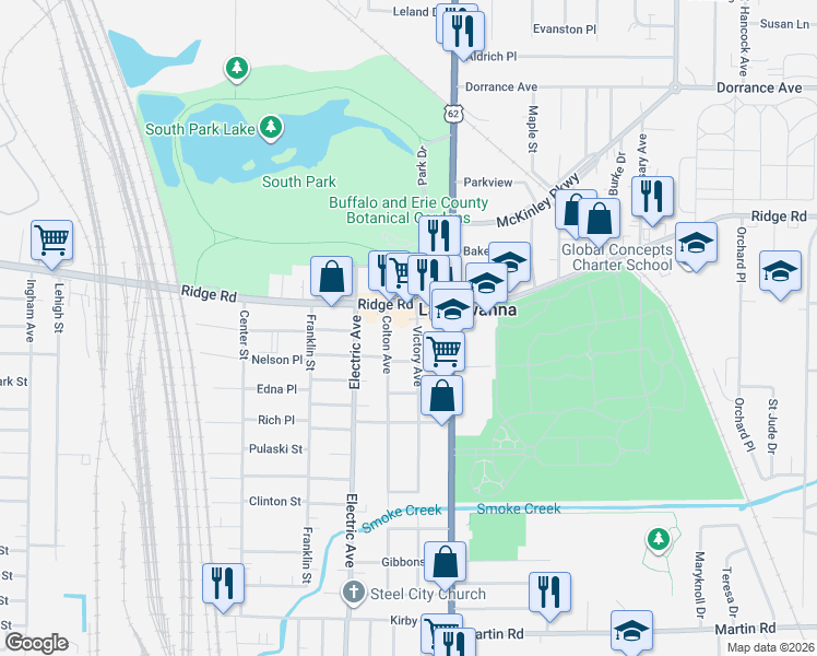 map of restaurants, bars, coffee shops, grocery stores, and more near 26 Victory Avenue in Buffalo