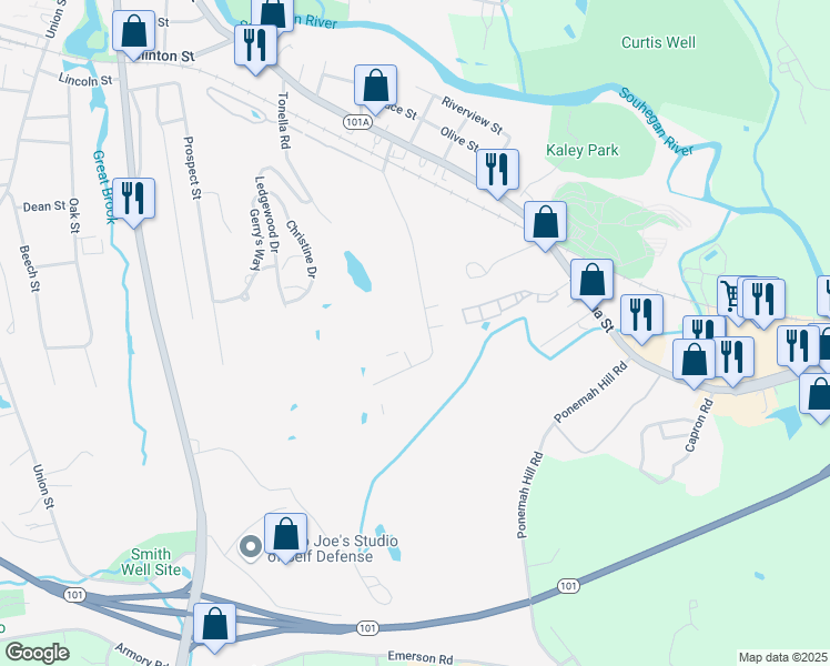 map of restaurants, bars, coffee shops, grocery stores, and more near 95 Powers Street in Milford