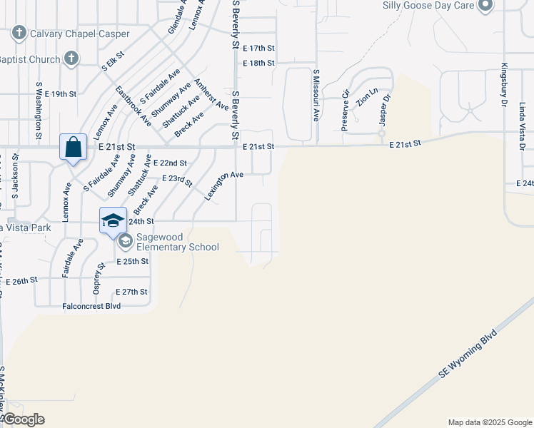 map of restaurants, bars, coffee shops, grocery stores, and more near 2329 Mercy Circle in Casper