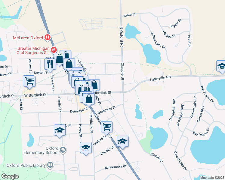 map of restaurants, bars, coffee shops, grocery stores, and more near 63 East Burdick Street in Oakland County
