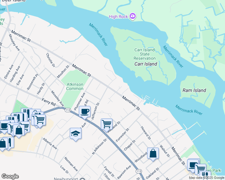 map of restaurants, bars, coffee shops, grocery stores, and more near 402 Merrimac Street in Newburyport