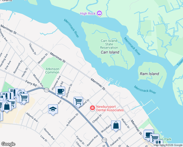 map of restaurants, bars, coffee shops, grocery stores, and more near 386 Merrimac Street in Newburyport