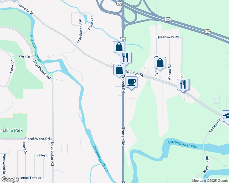 map of restaurants, bars, coffee shops, grocery stores, and more near 2120 Transit Road in Buffalo