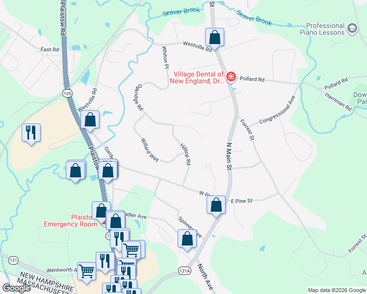map of restaurants, bars, coffee shops, grocery stores, and more near 14 Hilltop Road in Plaistow
