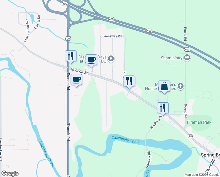 map of restaurants, bars, coffee shops, grocery stores, and more near 40 Streif Road in Erie County