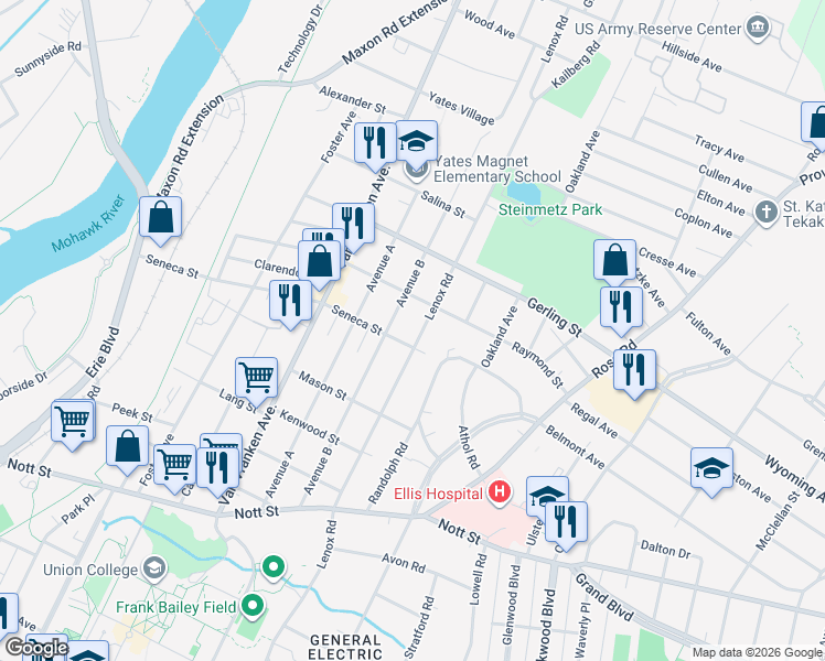 map of restaurants, bars, coffee shops, grocery stores, and more near 1813 Lenox Road in Schenectady