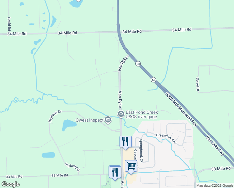 map of restaurants, bars, coffee shops, grocery stores, and more near 72125 Van Dyke Road in Macomb County