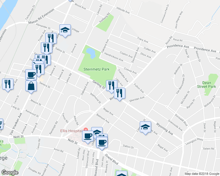 map of restaurants, bars, coffee shops, grocery stores, and more near 1209 Gerling Street in Schenectady