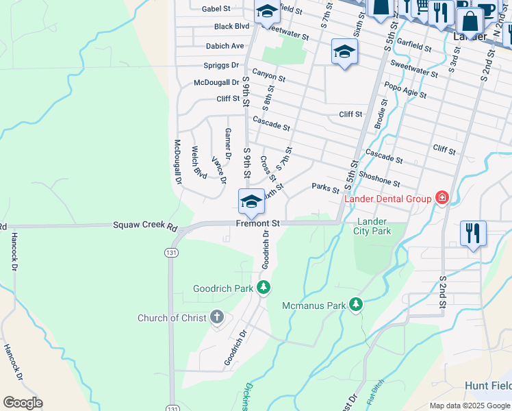 map of restaurants, bars, coffee shops, grocery stores, and more near 964 South 6th Street in Lander