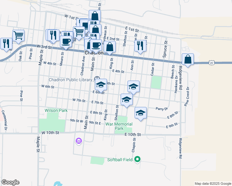 map of restaurants, bars, coffee shops, grocery stores, and more near 351-399 East 6th Street in Chadron