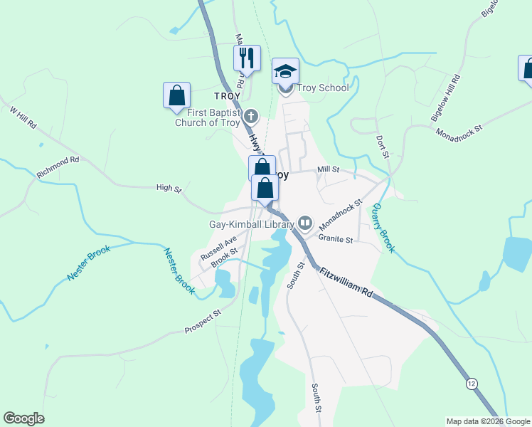 map of restaurants, bars, coffee shops, grocery stores, and more near 36 Central Square in Troy