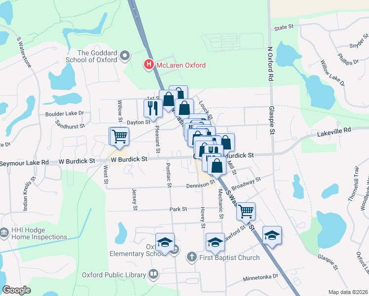 map of restaurants, bars, coffee shops, grocery stores, and more near 19 West Burdick Street in Oakland County