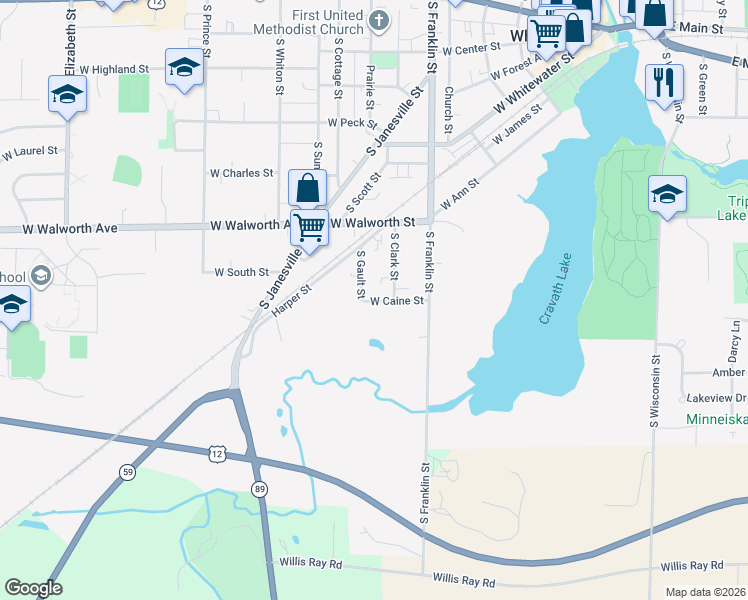 map of restaurants, bars, coffee shops, grocery stores, and more near 539 West Caine Street in Whitewater
