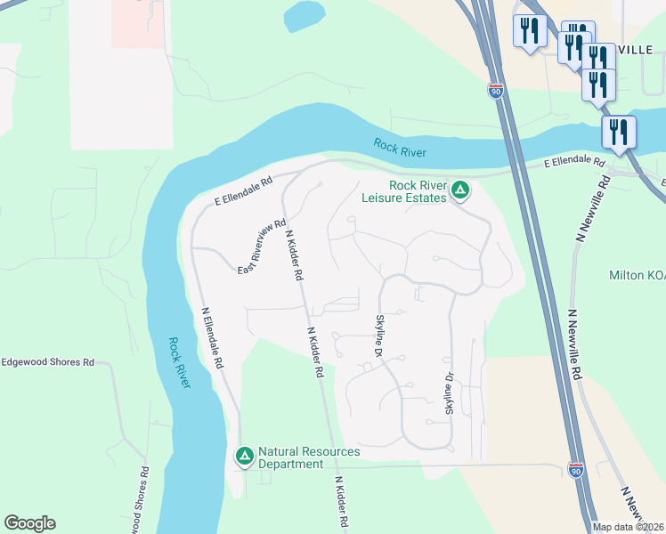 map of restaurants, bars, coffee shops, grocery stores, and more near 10426 North Kidder Road in Edgerton