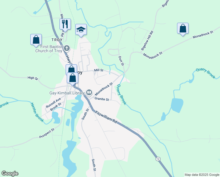 map of restaurants, bars, coffee shops, grocery stores, and more near 9 Nelson Street in Troy
