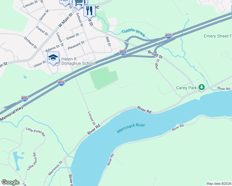 map of restaurants, bars, coffee shops, grocery stores, and more near 1 Colonial Drive in Merrimac