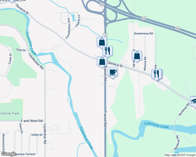 map of restaurants, bars, coffee shops, grocery stores, and more near 2120 Transit Road in Buffalo