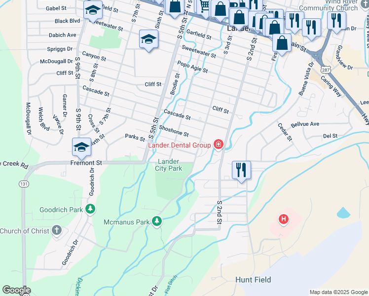 map of restaurants, bars, coffee shops, grocery stores, and more near 327-399 North 5 Street in Lander