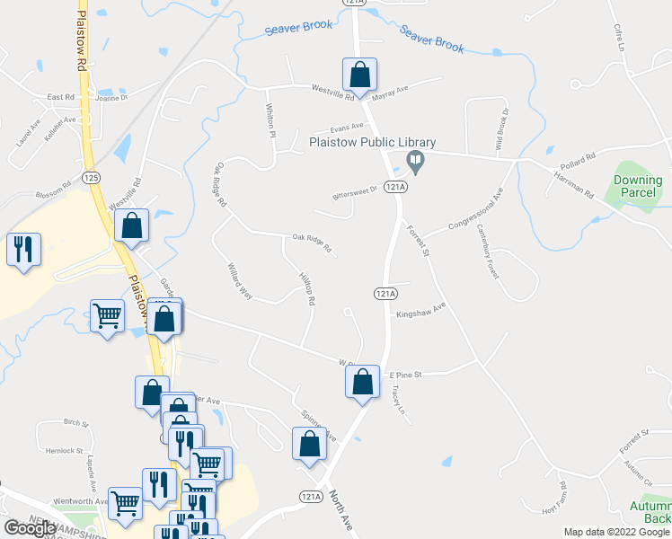 map of restaurants, bars, coffee shops, grocery stores, and more near 202 Oak Ridge Road in Plaistow