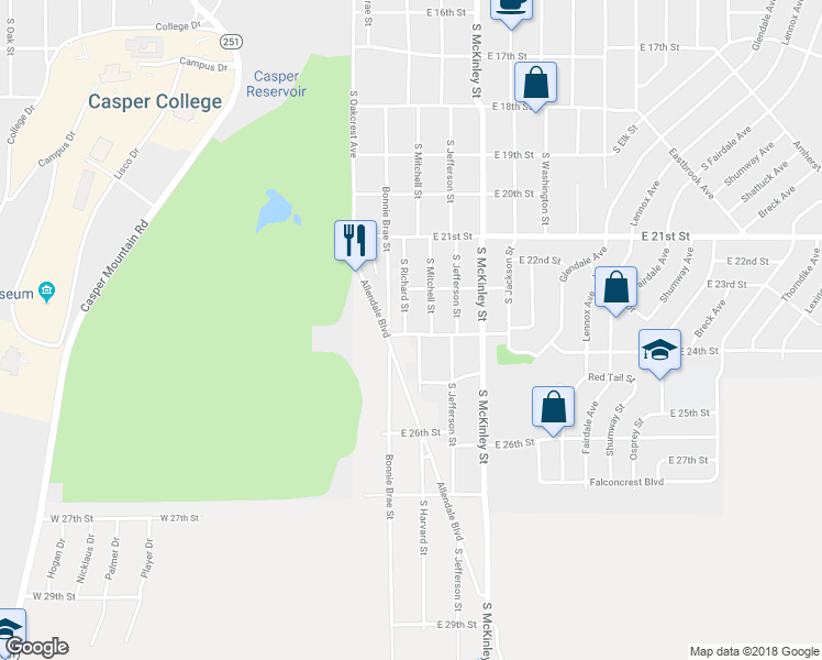 map of restaurants, bars, coffee shops, grocery stores, and more near 2305 Allendale Boulevard in Casper