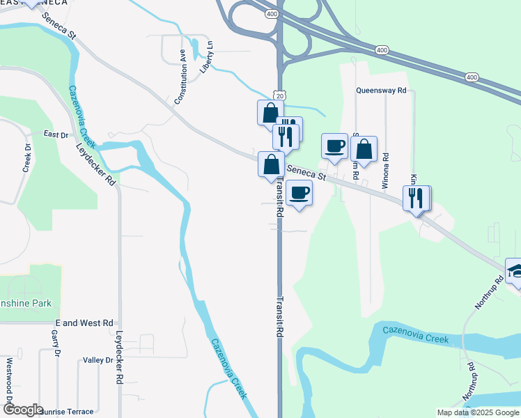 map of restaurants, bars, coffee shops, grocery stores, and more near 2120 Transit Road in Buffalo