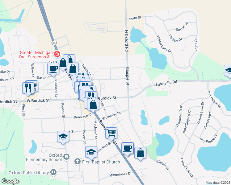 map of restaurants, bars, coffee shops, grocery stores, and more near 63 East Burdick Street in Oakland County