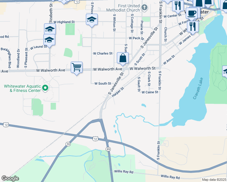 map of restaurants, bars, coffee shops, grocery stores, and more near 647 Harper Street in Whitewater