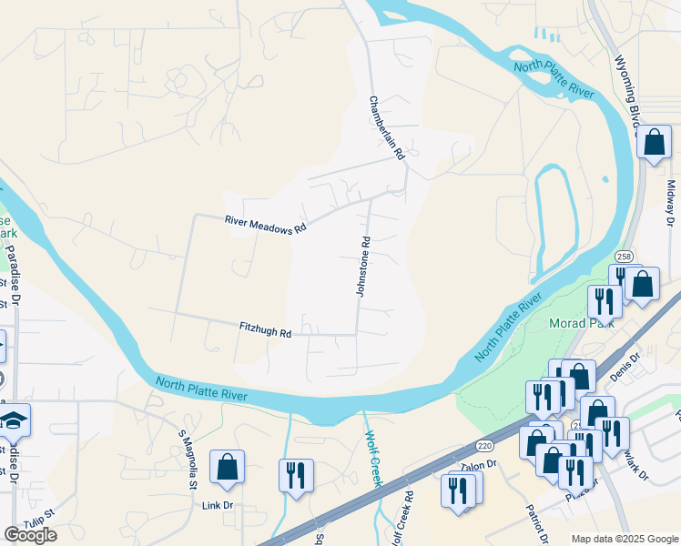 map of restaurants, bars, coffee shops, grocery stores, and more near 2134 Johnstone Road in Casper