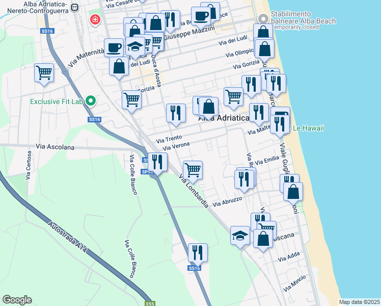 map of restaurants, bars, coffee shops, grocery stores, and more near 15 Via Ercole Falò in Alba Adriatica