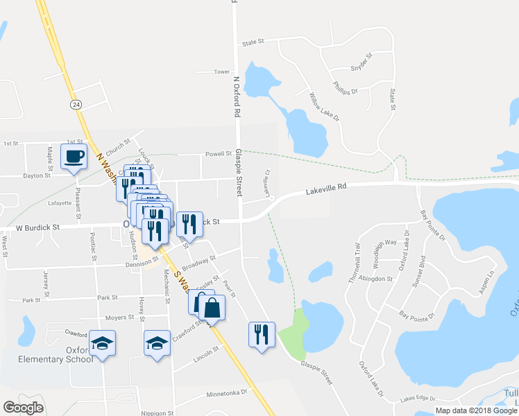 map of restaurants, bars, coffee shops, grocery stores, and more near 10 Lakeville Court in Oxford Charter Township