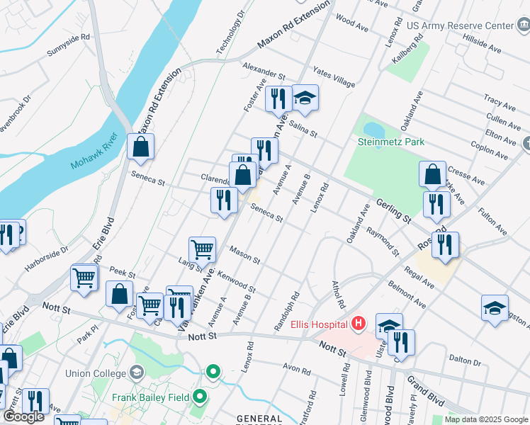 map of restaurants, bars, coffee shops, grocery stores, and more near 1799 Avenue A in Schenectady