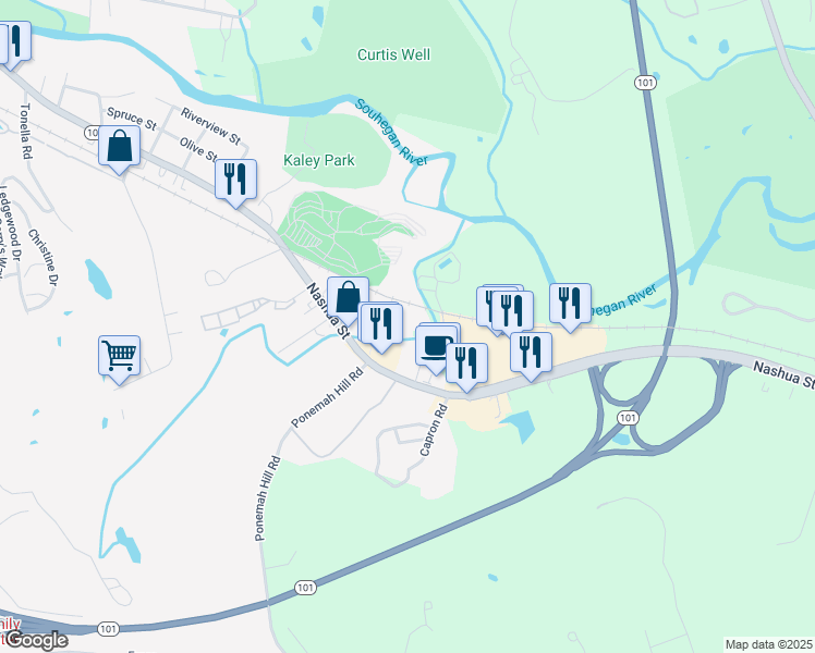 map of restaurants, bars, coffee shops, grocery stores, and more near 15 Ponemah Hill Road in Milford