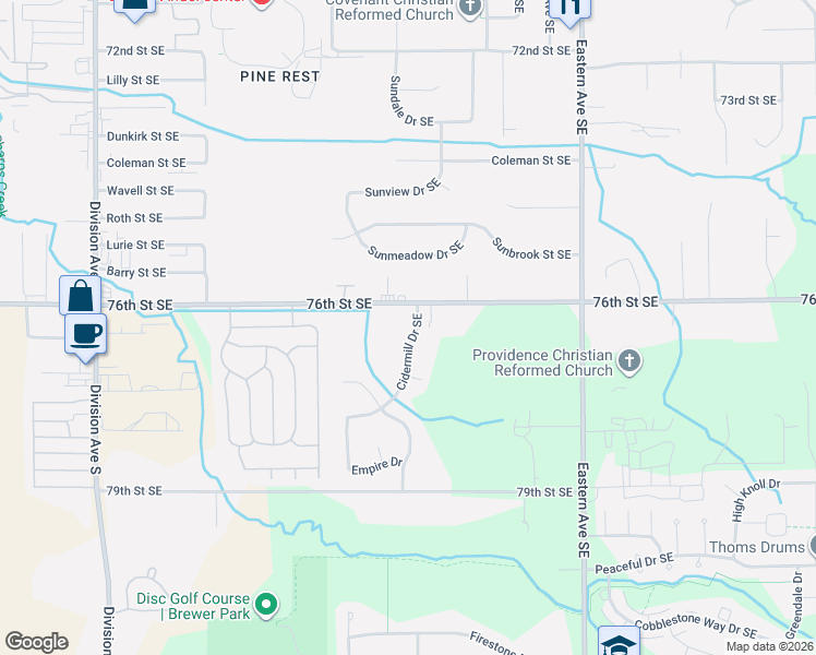 map of restaurants, bars, coffee shops, grocery stores, and more near 7657 Cidermill Drive Southeast in Grand Rapids
