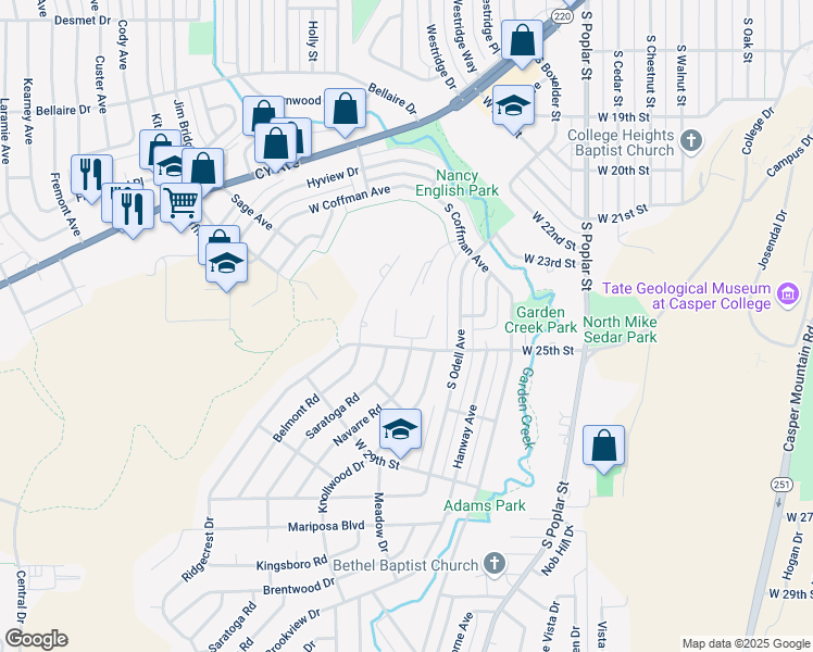 map of restaurants, bars, coffee shops, grocery stores, and more near 1700 West 25th Street in Casper