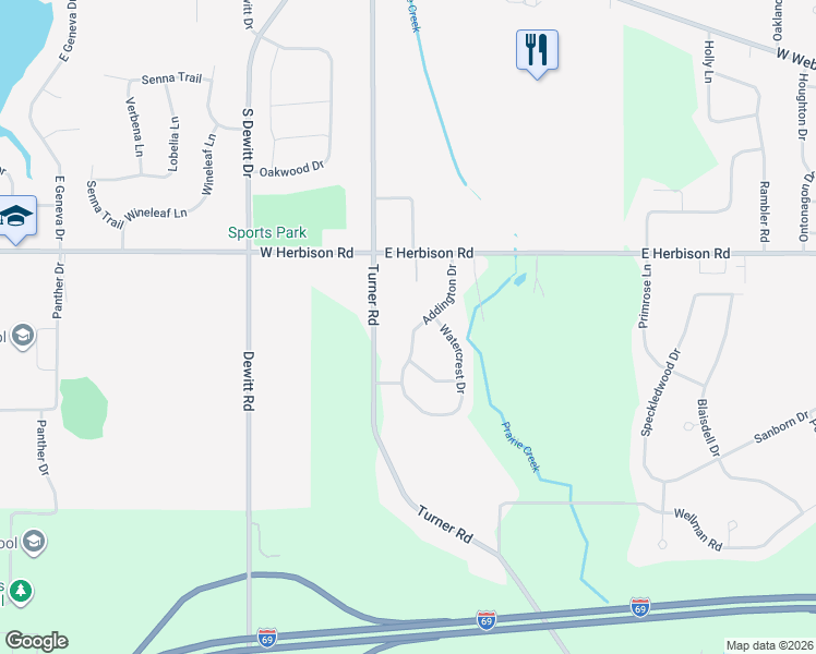 map of restaurants, bars, coffee shops, grocery stores, and more near 13143 Addington Drive in DeWitt