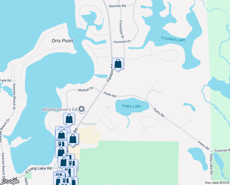 map of restaurants, bars, coffee shops, grocery stores, and more near 1465 Petts Road in Fenton